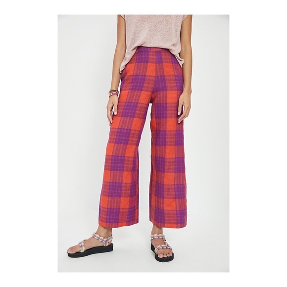 Eva Franco Anthropologie Plaid Pink & Purple Wide Leg Linen Pants - Picture 2 of 5
